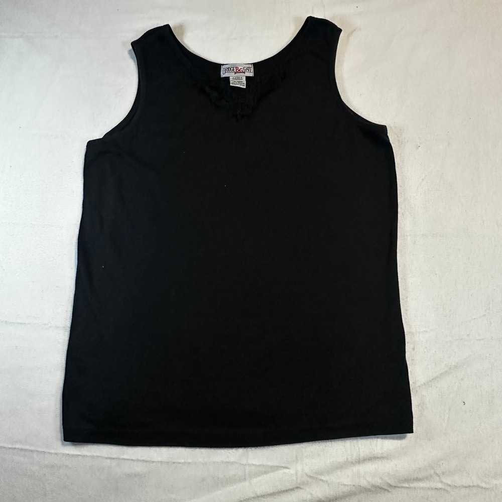 Vintage Y2K 90s Black Lace‎ Trim Tank Top Sleeveless V-Neck Cotton Large Goth